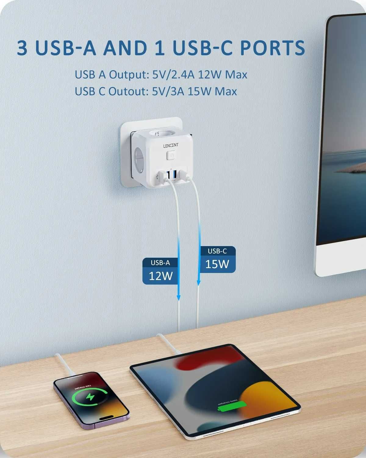 Розетка удлинитель тройник с переключателем вкл/выкл + USB зарядкой