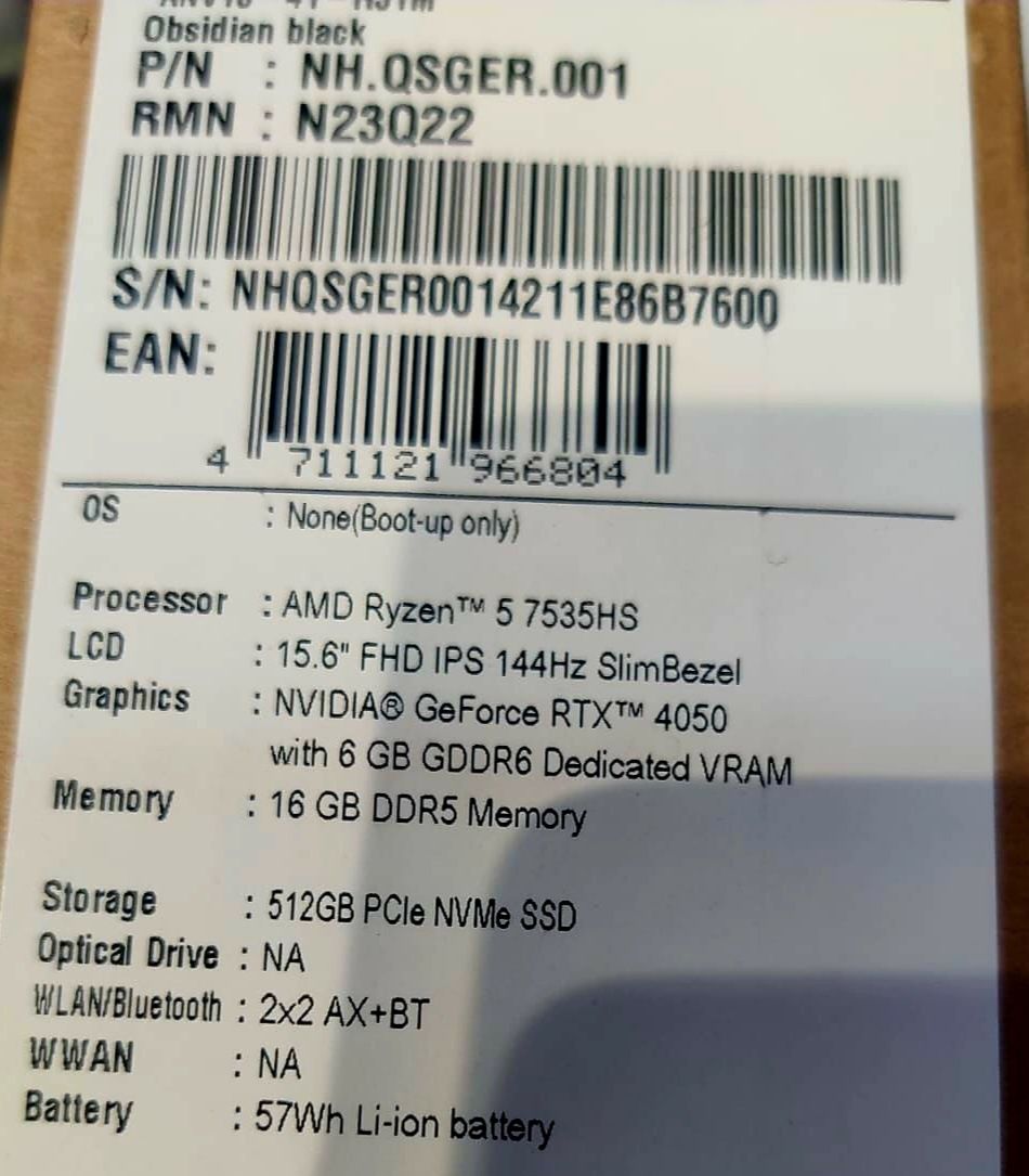 Aser Nitro v15 RTX4050 6GB! 2024г