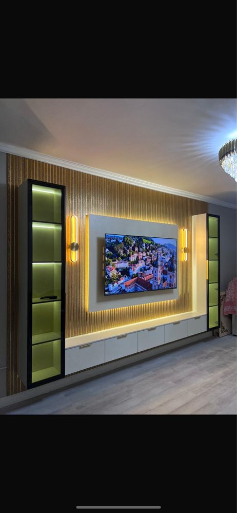 TV zona орнатамыз. Установка ТВ зона лувр шпон панел БРА свитиль ПЕРО
