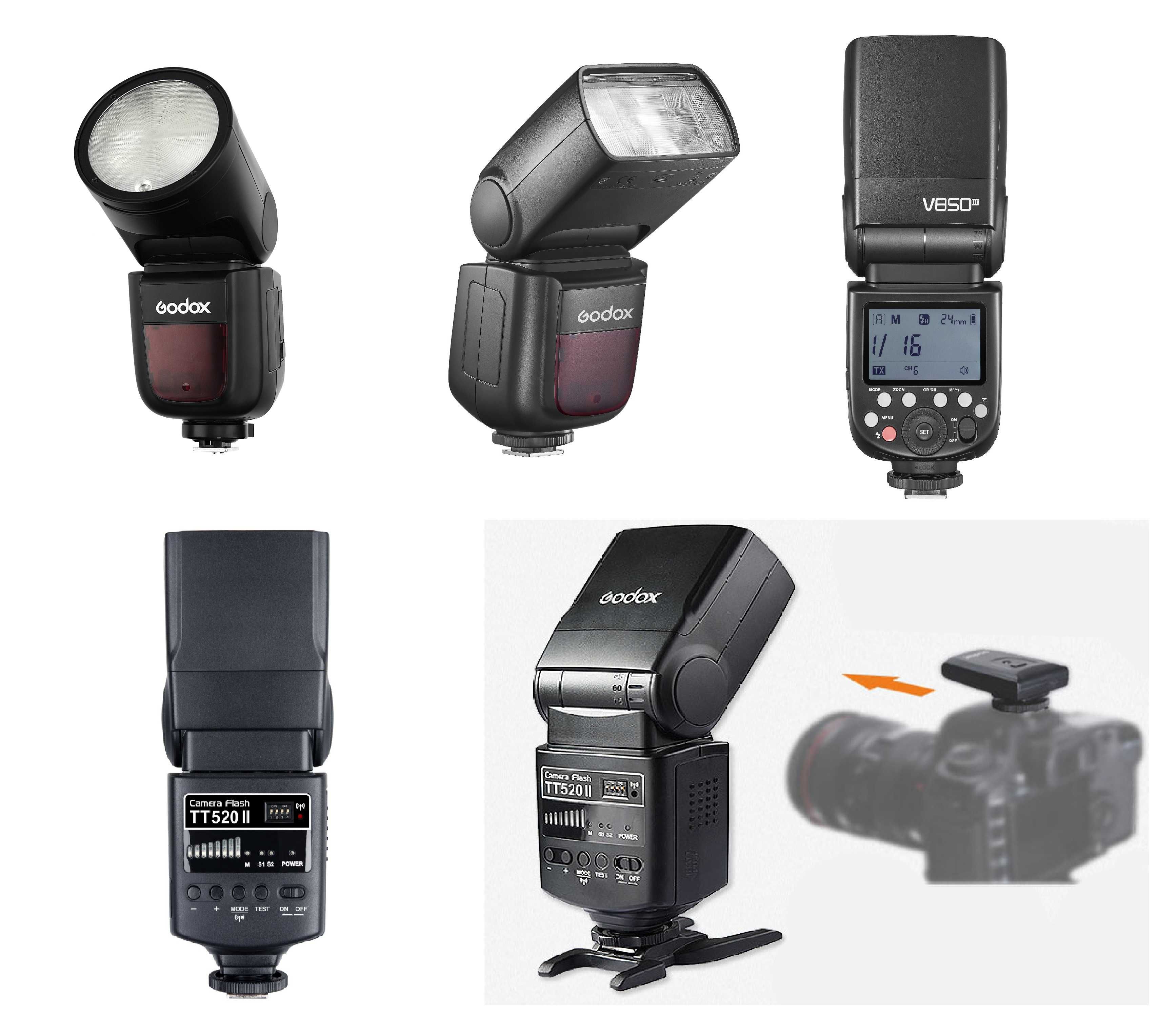 Вспышка на камерная  Godox TT520II + синхронизатор/V850III/ V1C TTL