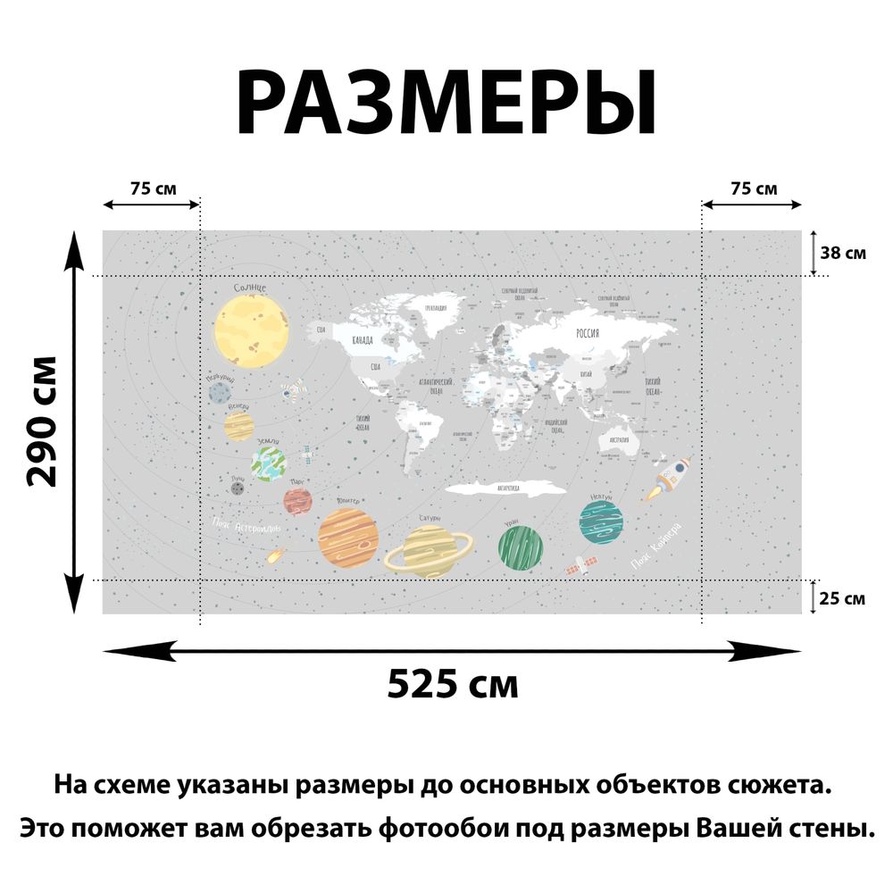 Фотообои Карта мира с планетами 525х290 см светлая