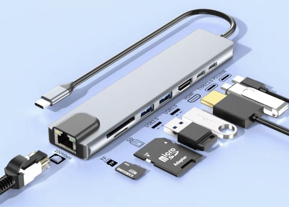 Док станция 8в1 type C lan hdmi usb hub картридер type c переходник